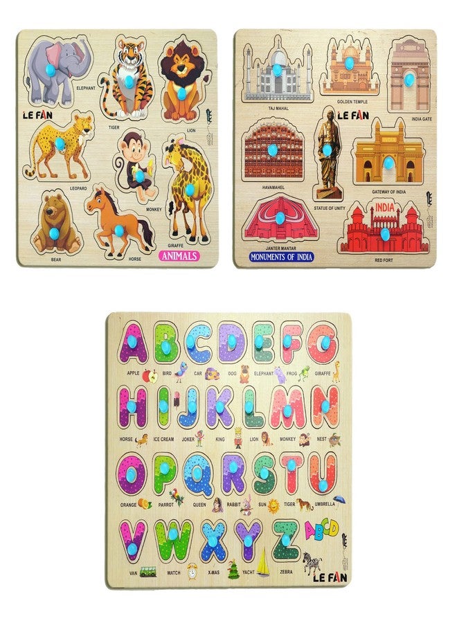 Lefan® Kids Fort Pre Nursery Educational Jigsaw Puzzles for Adults Kids Learning Toys Kit Board Game 3 pcs Set of Animals Alphabets & Monuments of India Educational Toy - Image 1